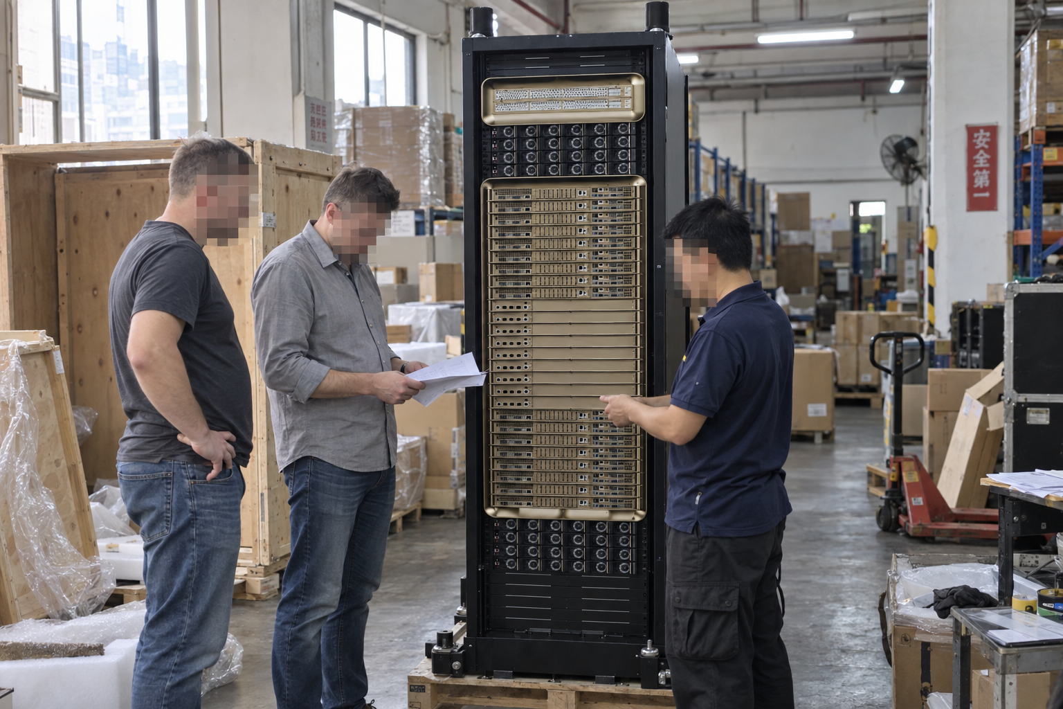 DGX GB300 NVL72 receiving and identification workflow in an industrial warehouse.