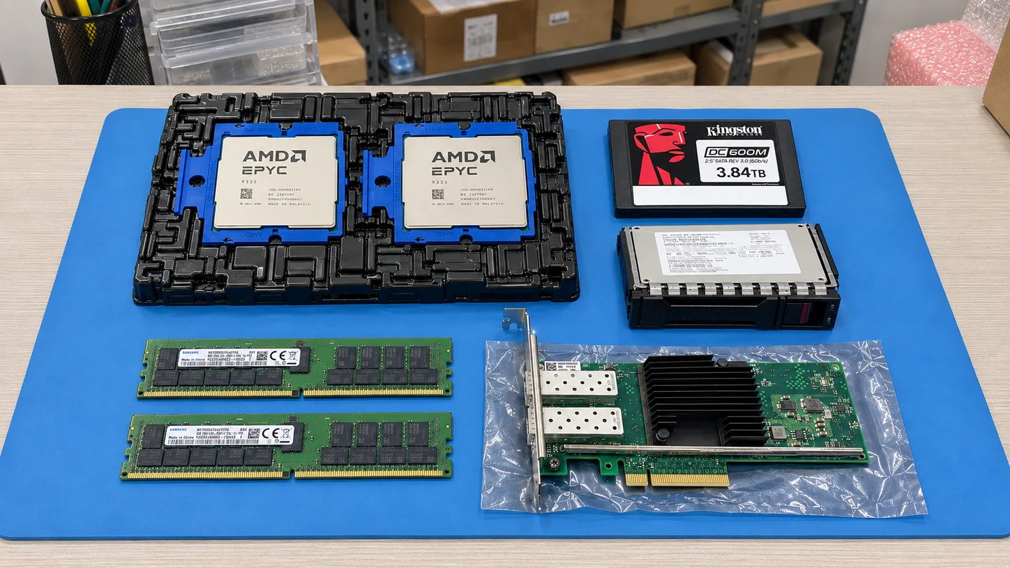 Processors, drives, memory and a network adapter on a blue workbench — illustrative photography