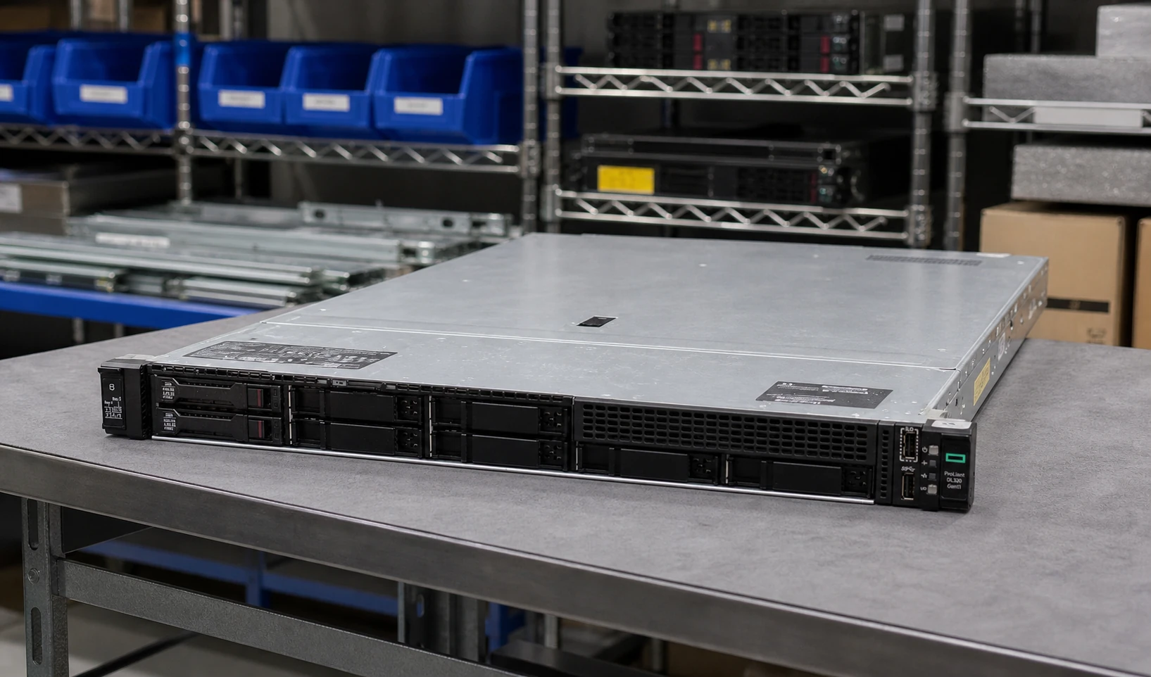 HPE ProLiant DL320 Gen11 server on a workbench