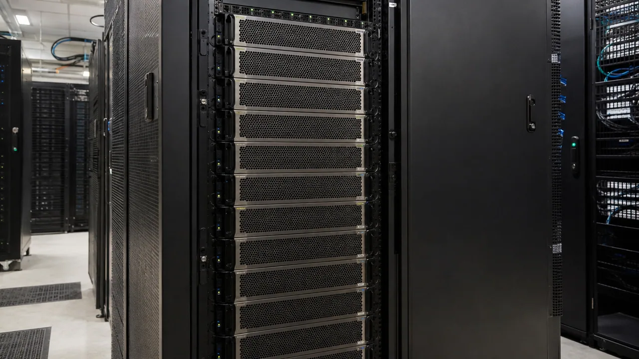 Dense AI compute rack in an equipment workspace
