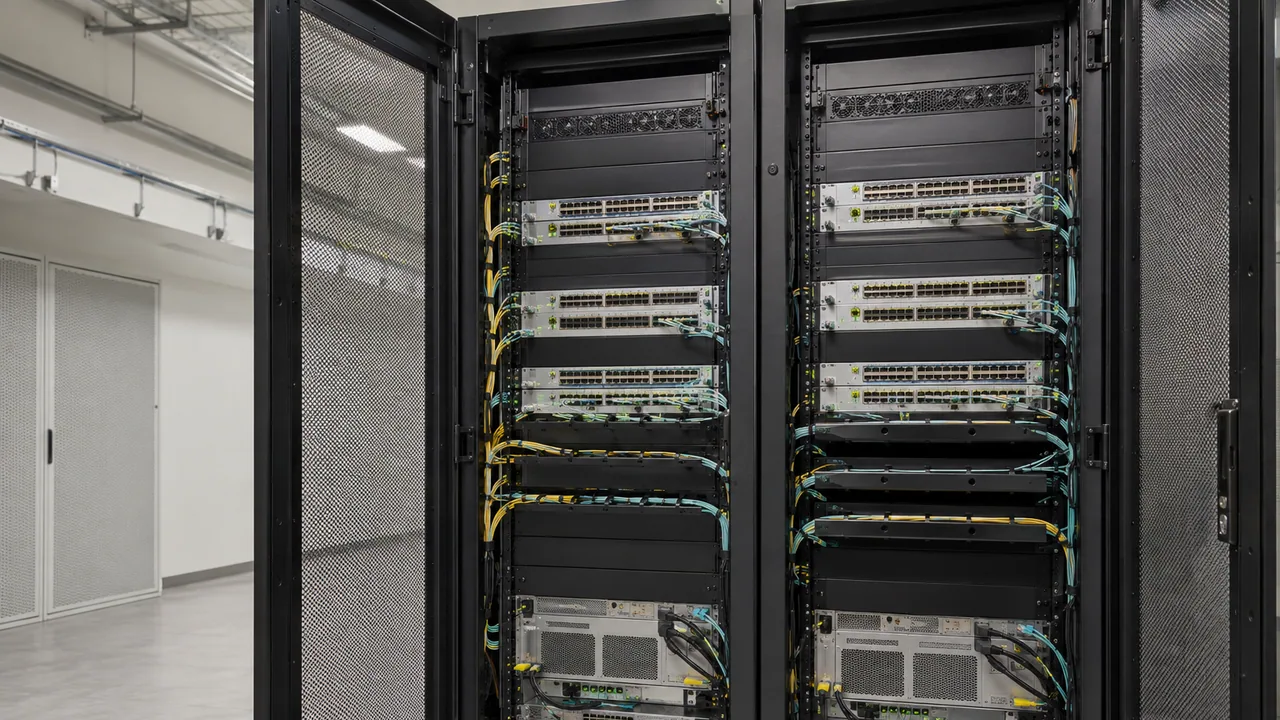 Two adjacent network racks with compact switches and organized fiber uplinks.