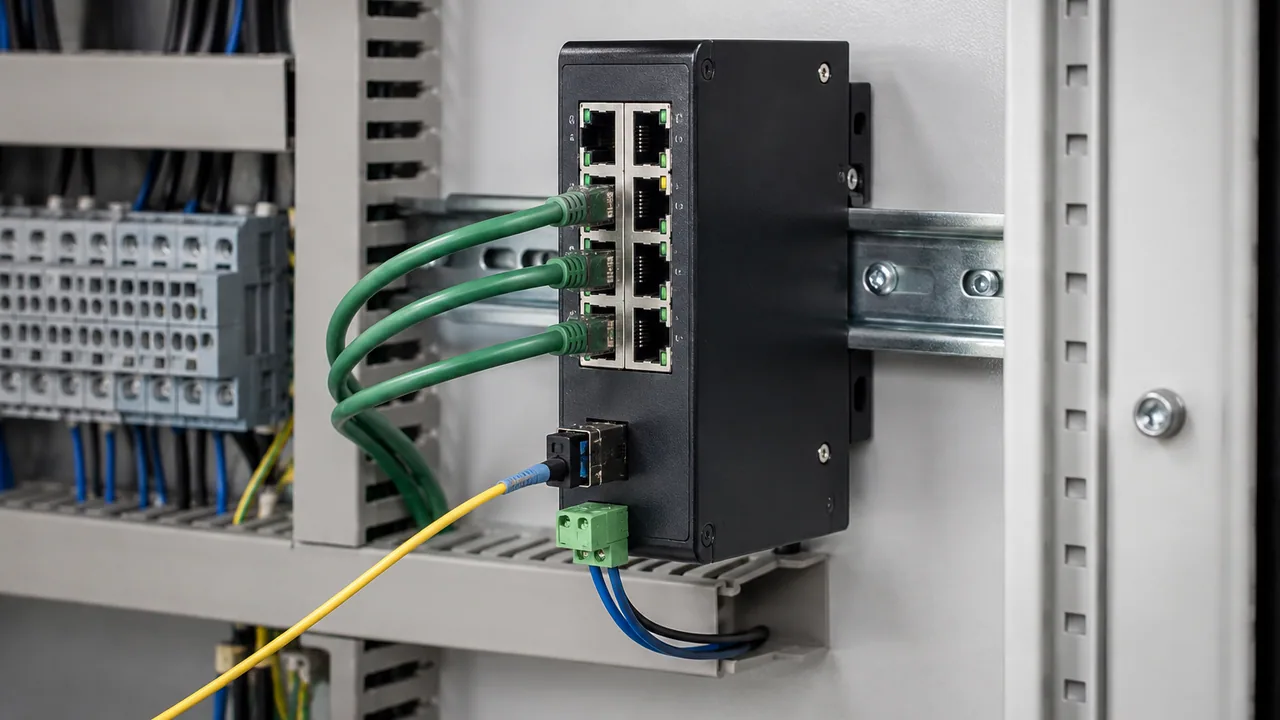 A compact industrial Ethernet switch mounted on a rail inside a control cabinet.
