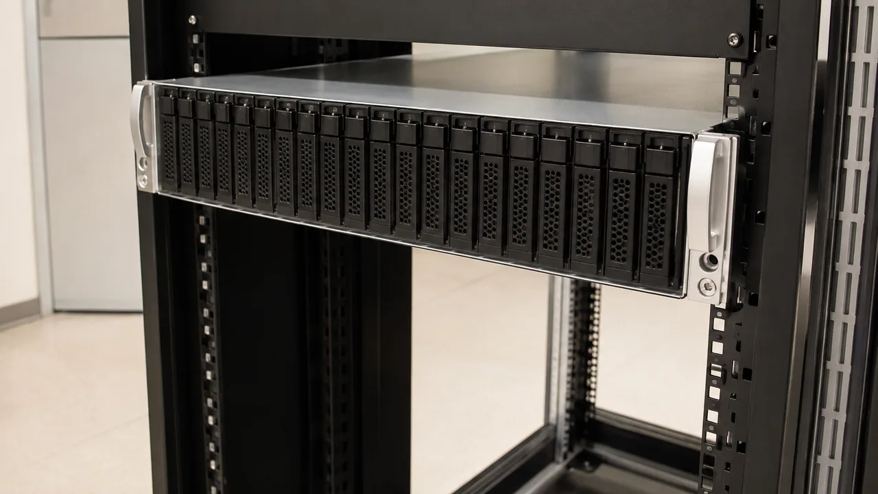 Rack-mounted storage enclosure with a row of small drive carriers.
