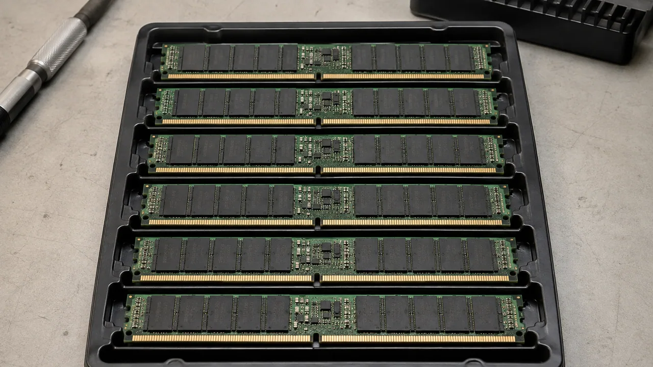 A matched set of server memory modules in a conductive tray.