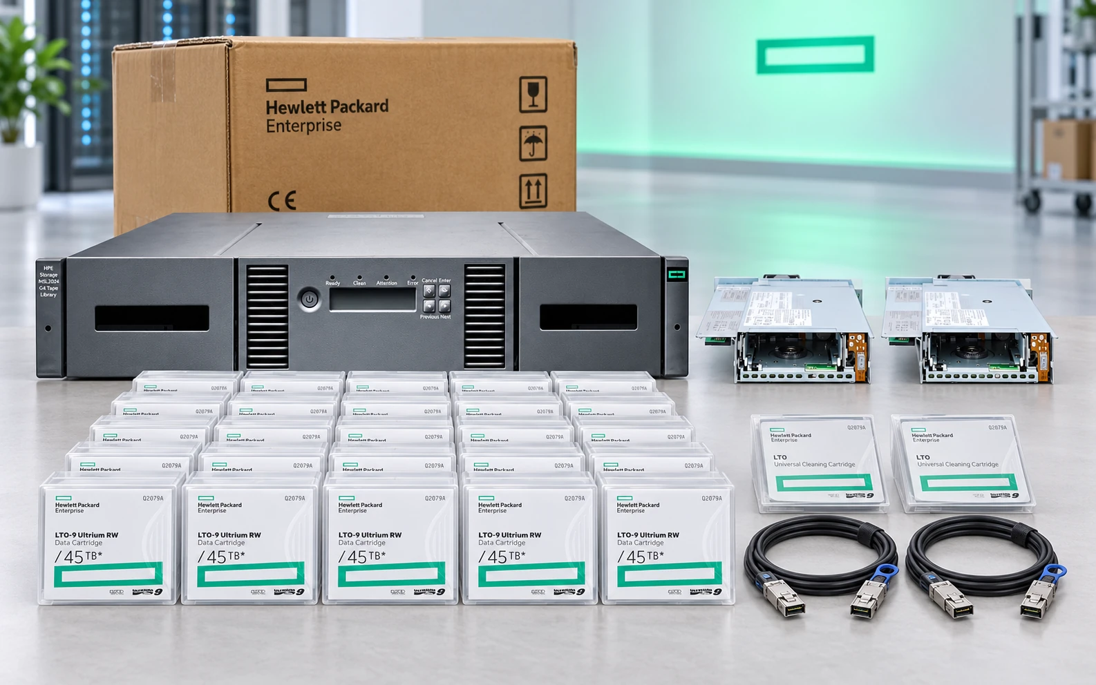 Visual mockup showing an illustrative arrangement of an HPE MSL2024 library, two LTO-9 SAS drives, cartridges, cleaning media, cables and carton